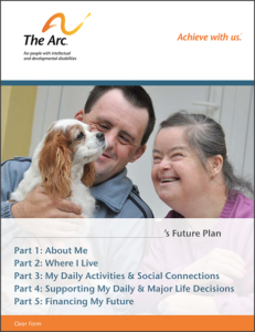 preview of a designed PDF that has an older woman and man with disabilities smiling and holding a dog. The text says " ___'s future plan. Part 1: About Me. Part 2: Where I Live. Part 3: My Daily Activities & Social Connections. Part 4: Supporting my Daily & Major Life Decisions. Part 5: Financing my Future."